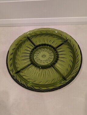 Vintage Indiana Glass Avocado Green Divided Relish Tray Platter MCM 13"